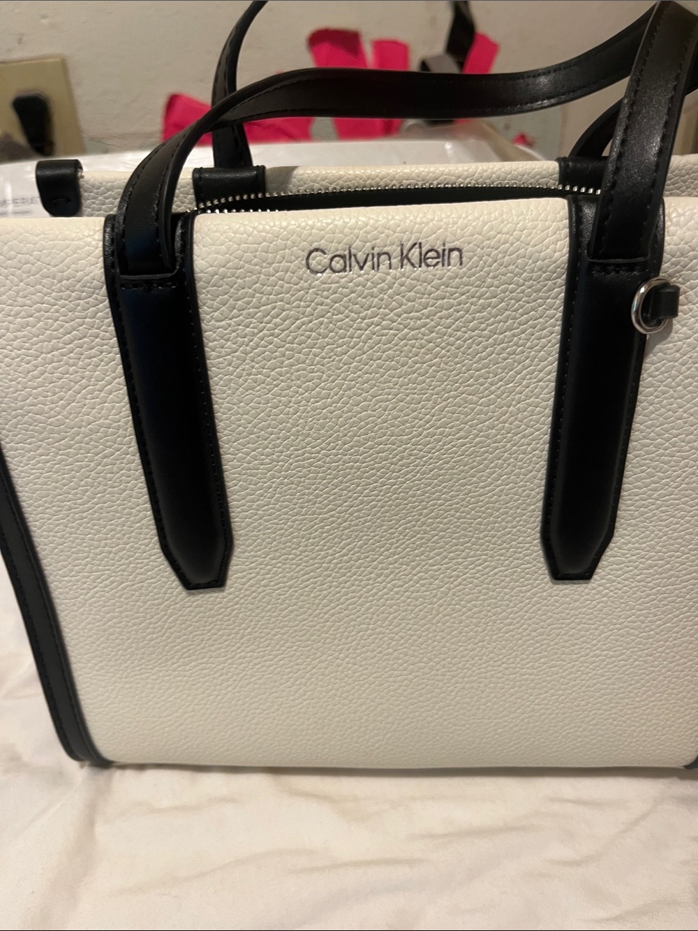 Calvin Klein White and Black Structured Satchel
